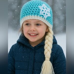Handmade Crochet Elsa-Inspired Hat – Blue Snowflake Beanie with Long Yarn Braid